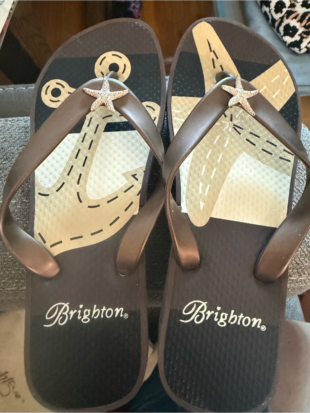 Brighton Brown Starfish Embellished Flip Flops NWT